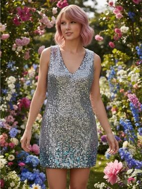 Zara Silver Metallic Sequin Drape Mini Cocktail Dress